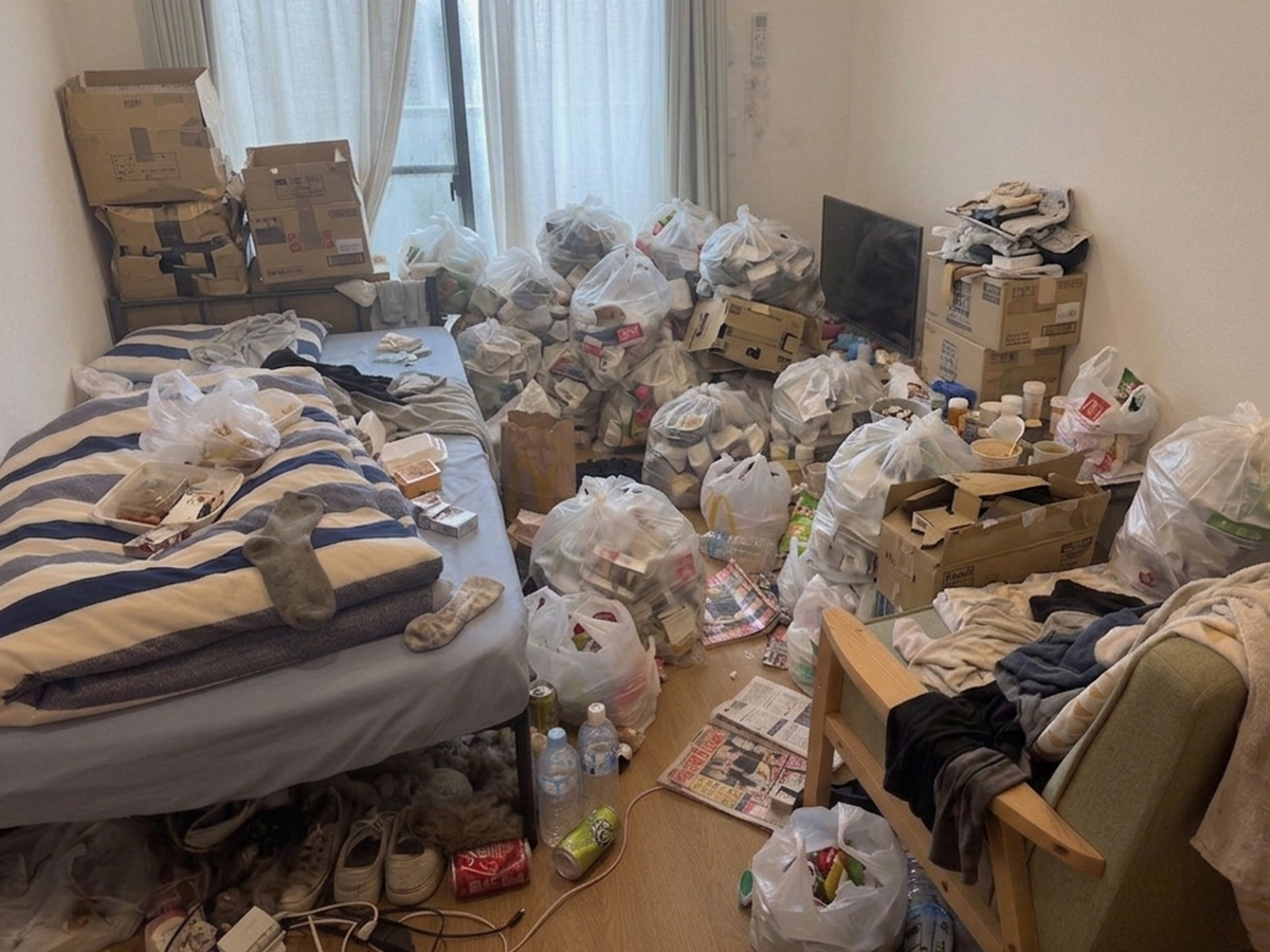 床に衣類や日用品が広がり片付け前の状態に見える一人暮らしの1Kの部屋イメージ