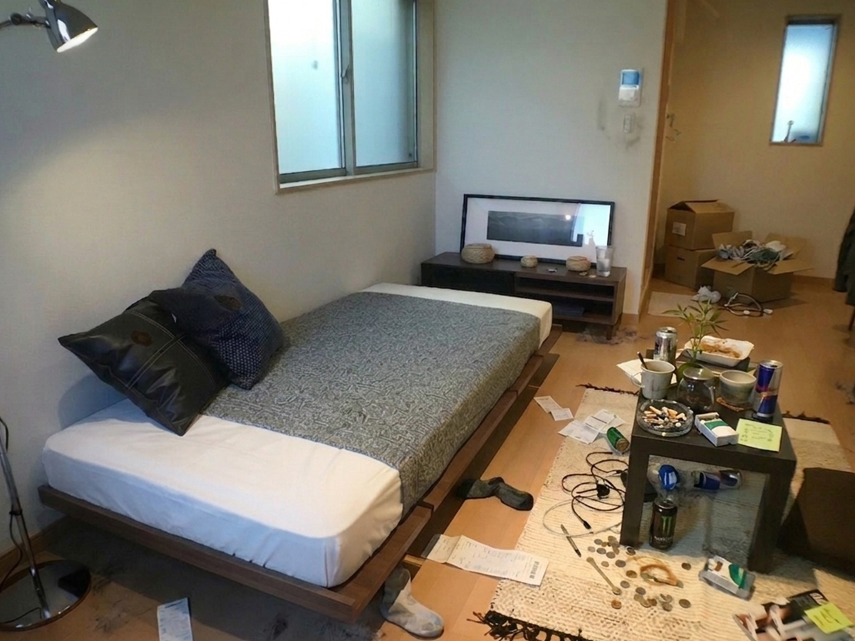 収納や家具の置き場が決まらず家電や荷物が仮置きされたリビングのイメージ